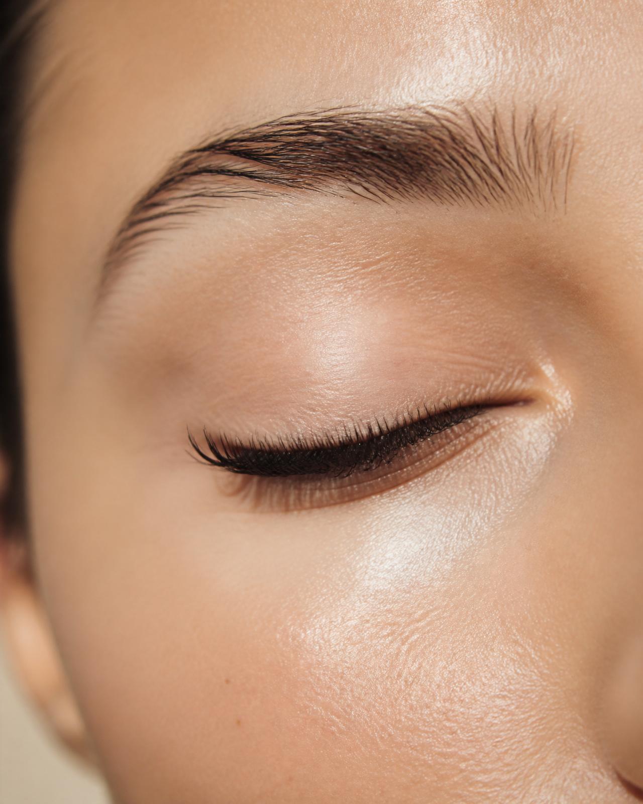 Close-up of a woman's eye showing lifted, tinted natural eyelashes after a lash lift at Bare Elegance