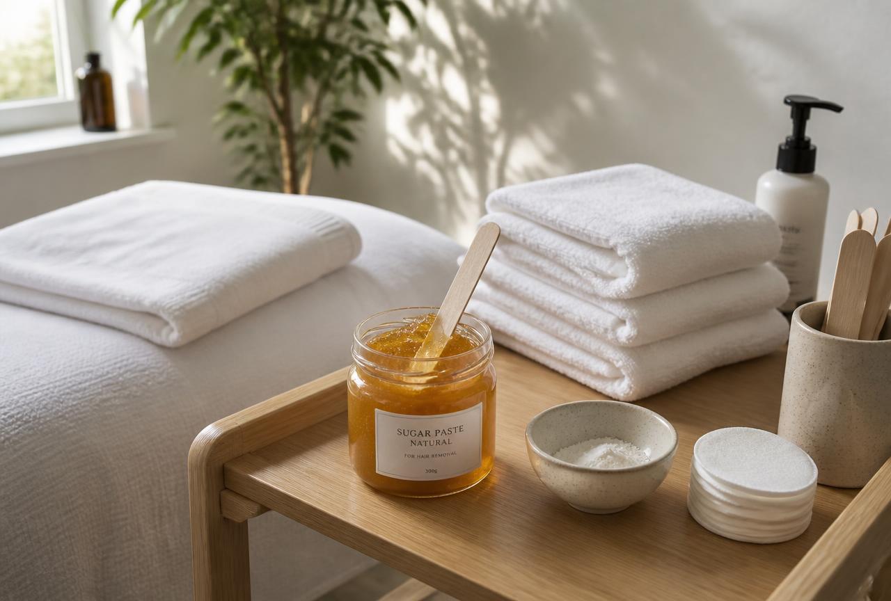 Natural sugar paste and fresh towels prepared for a men's chest sugaring appointment