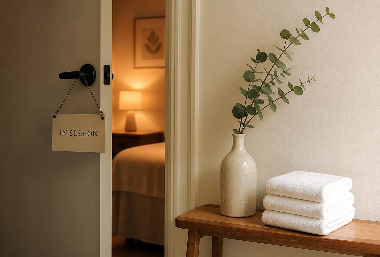 Private treatment room with an in-session sign for discreet men's Brazilian sugaring