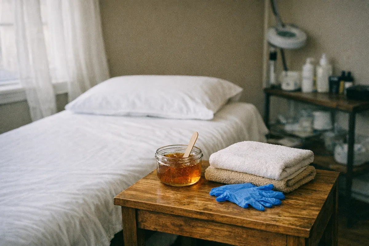 Private treatment room at Bare Elegance in Welland with a jar of sugar paste, towels and gloves beside the bed