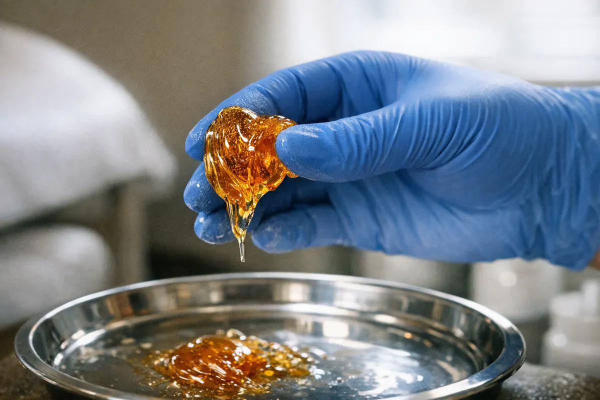 Gloved hand working warm amber sugar paste before a men's back sugaring appointment